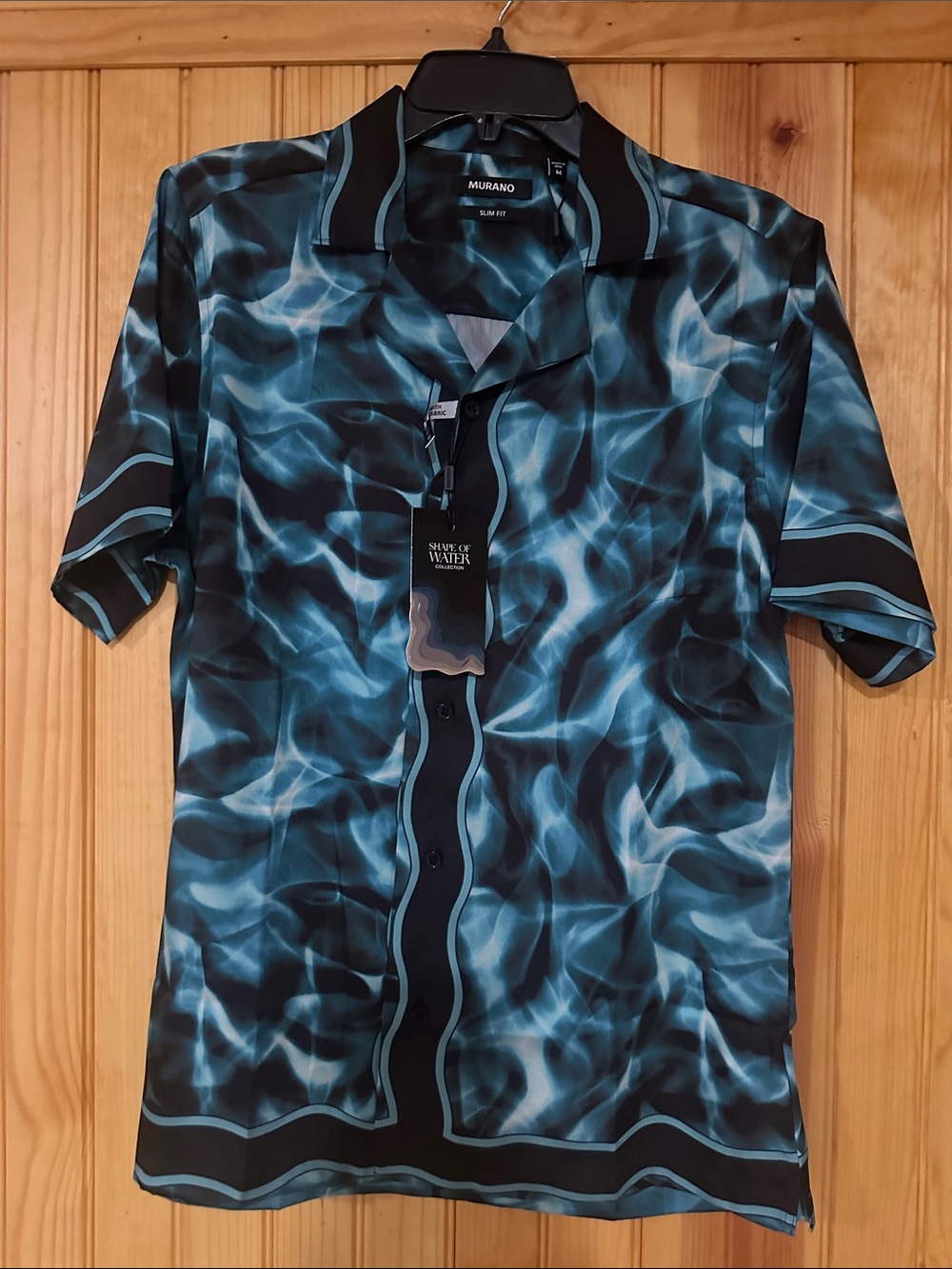 Murano Teal Blue Black slim fit water print short sleeve woven camp shirt NWT - Picture 4 of 9